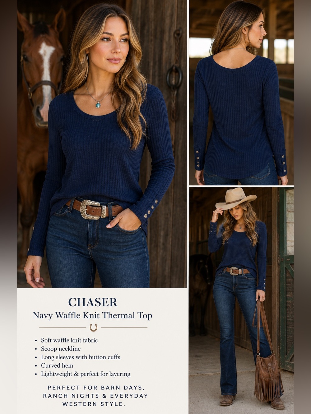 Chaser NWT Navy Waffle Knit Thermal Scoop Neck Top Button Cuffs Size S